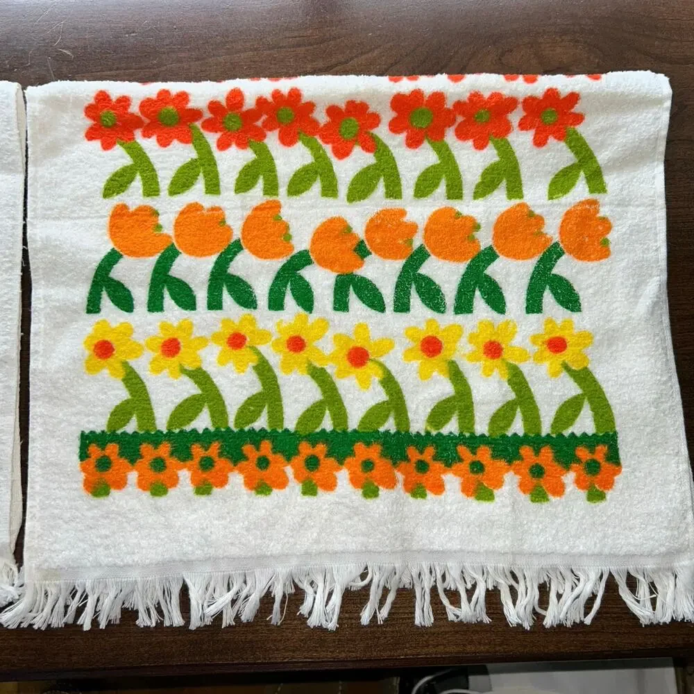 2 NOS vintage floral towels 1970s orange yellow green flower fringe edges retro